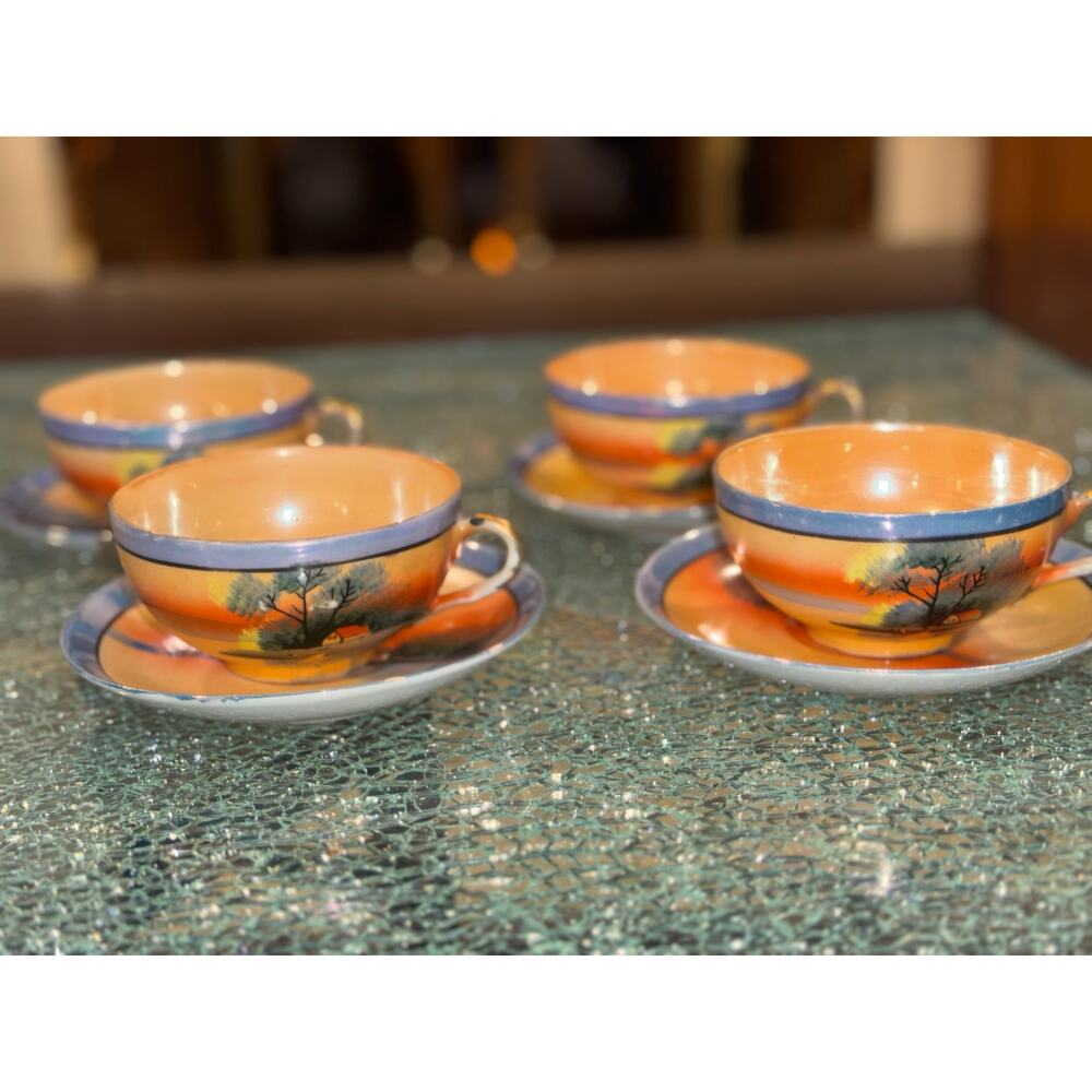 8pc Vintage Hand-Painted Porcelain Japanese Lusterware Teacup/ Saucer Set